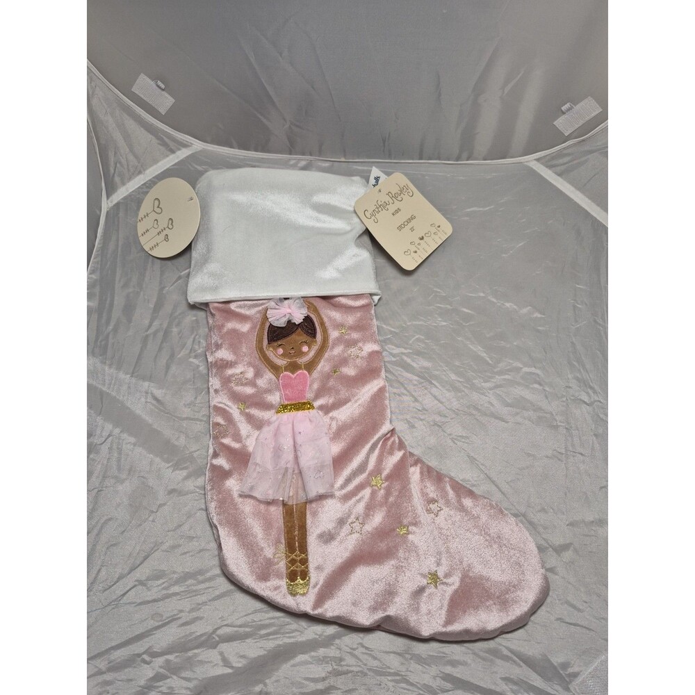 💥 Cynthia Rowley Girls 22” Pink Velvet Ballerina Christmas Stocking Embroidered